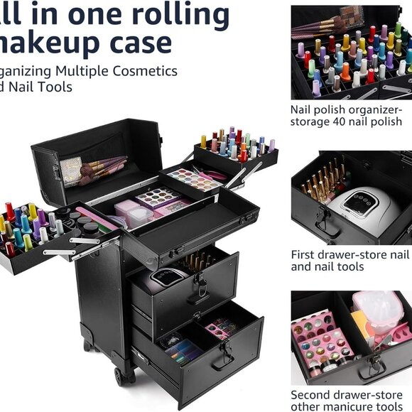 Rolling Makeup Train Case, Professional Cosmetology Case on Wheels, Aluminum Cos - Picture 3 of 7